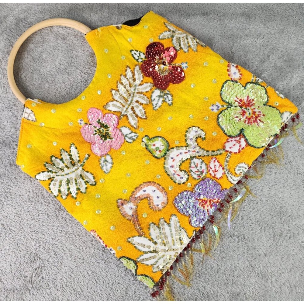 Bali Collection Purse Womens Yellow Hippie Boho Floral Sequined Wooden Handle